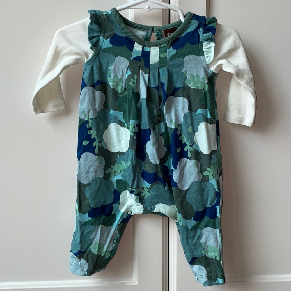 Tea Romper Baby Long Sleeve Teal Print 0-3 mo